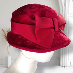 Vintage 50s Red Plush Fur Felt Hat Wide Brim Bow Cocktail Church Size 7 1/4